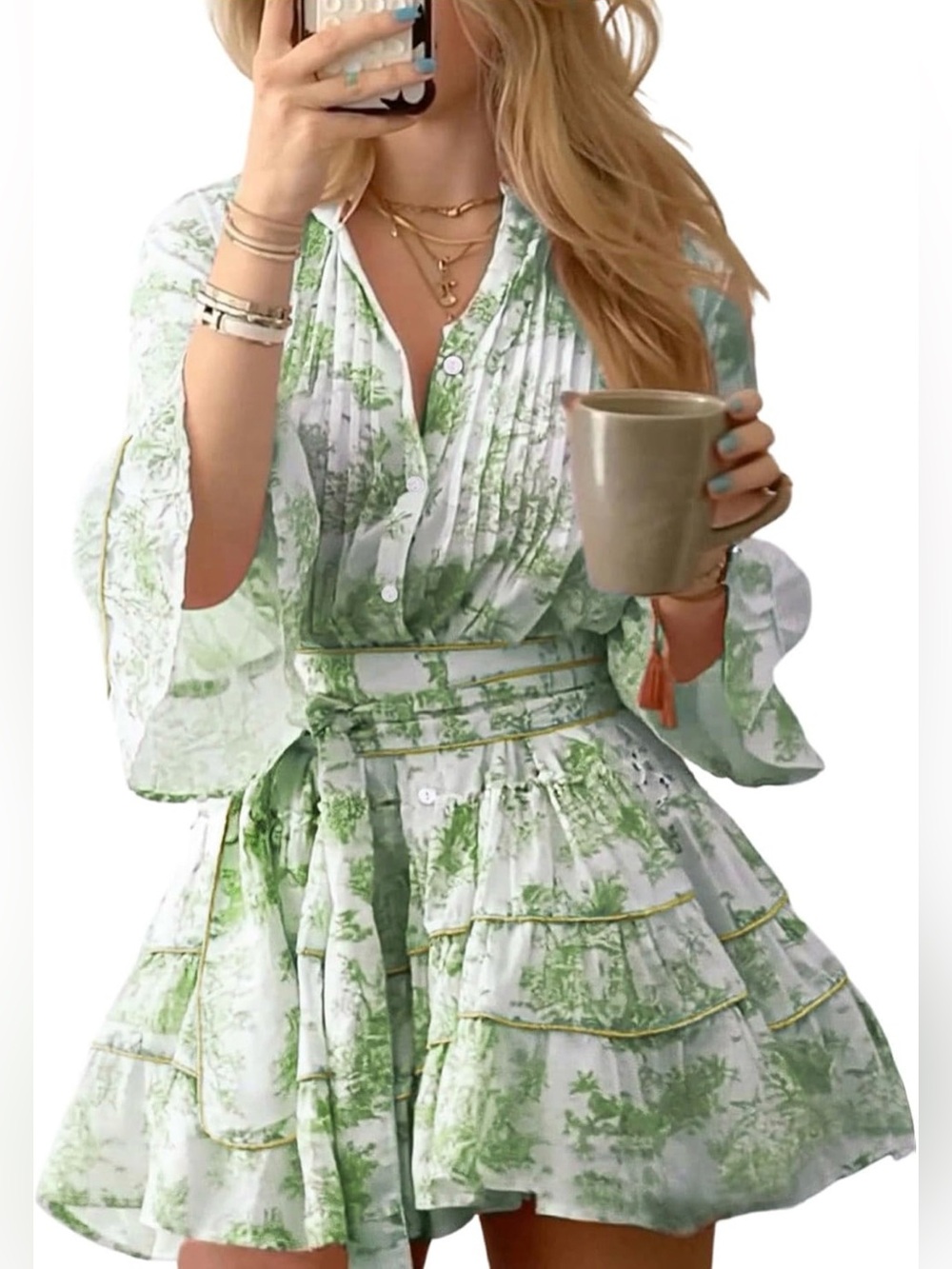 Green Toile Print Button-Front Mini Dress